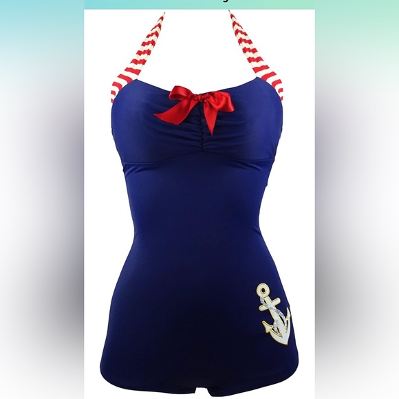 COCOSHIP Women's 50s Retro Navy Blue Nautical Maillot Anchors Away Swimsuit - Picture 1 of 12